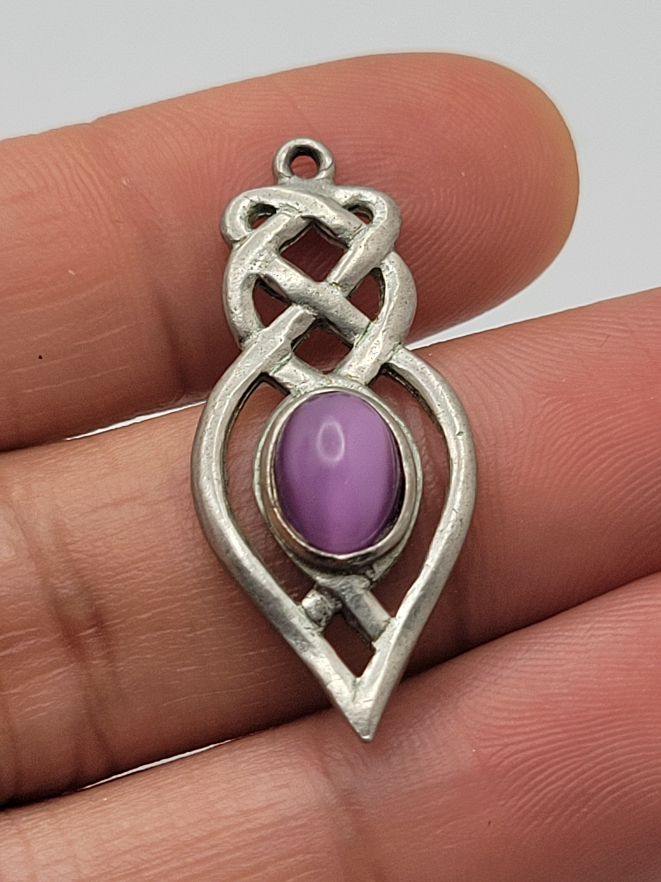 Silver Celtic Teardrop Pendant With Purple Cabochon